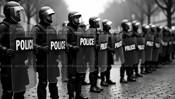 Riot police standing in formation on cobblestone street. Стоковое AI-изображение, AI-художник Андрей Бакусов / Фотобанк Лори