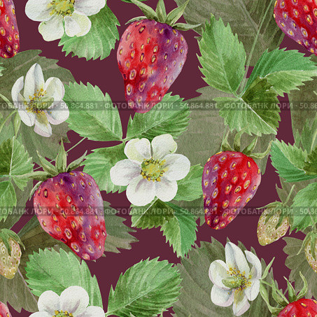 ripe strawberries with flowers and foliage, seamless pattern on dark background,drawn in watercolor. Стоковая иллюстрация, иллюстратор Екатерина Тимонова / Фотобанк Лори