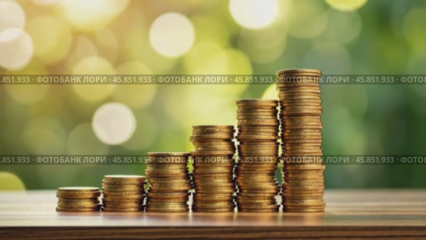 Rise in Coins Illustrates Financial Growth With Lush Backdrop Showing Opportunities and Prosperity. Стоковое AI-видео, аниматор Sergey Grishin / Фотобанк Лори