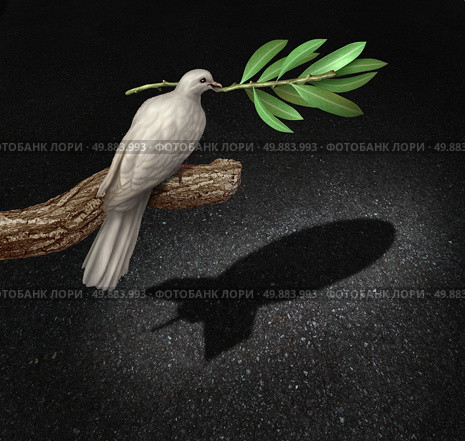 Risk of war concept as a freedom peace dove holding an olive branch casting a shadow that is shaped as a bomb as a symbol of  the danger of warfare caused by hatred and political posturing. Стоковое фото, агентство Ingram Publishing / Фотобанк Лори