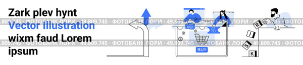 Road guidepost indicating direction, individuals engaged in online shopping, and person examining falling risk blocks. Ideal for business strategy, e-commerce, decision-making, risk management. Navigating Business Decisions Choices, E-commerce, and Risk Management. Стоковая иллюстрация, агентство Ingram Publishing / Фотобанк Лори