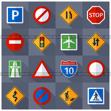 Road traffic signs flat icons set. Basic road traffic warning regulatory prohibiting and informative signs flat  pictograms banner print abstract vector isolated  illustration. Стоковая иллюстрация, агентство Ingram Publishing / Фотобанк Лори