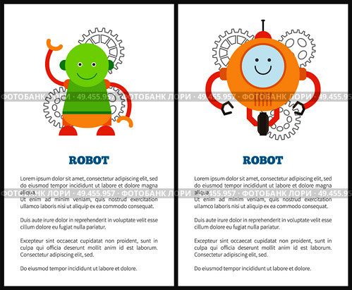 Robot and headlines collection with text sample allowing to use information about droids, gears and mechanisms, vector illustration isolated on white. Robot and Headlines Collection Vector Illustration. Стоковая иллюстрация, агентство Ingram Publishing / Фотобанк Лори
