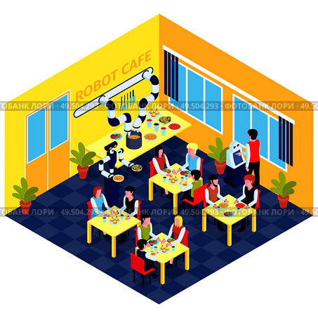 Robot automation composition with view of robotized cafe interior with people at tables served by robots vector illustration. Стоковая иллюстрация, агентство Ingram Publishing / Фотобанк Лори