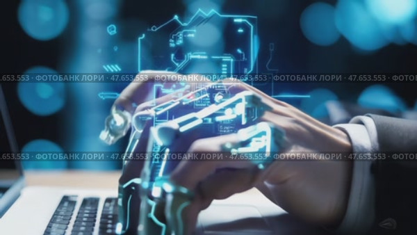 Robot concept chatbot human hand and robot hand pressing Enter on computer keyboard/ Future concept, AI artificial intelligence and digital graphic brain engine inside. 3D rendering. Стоковое AI-видео, аниматор ALLA YURTAYEVA / Фотобанк Лори