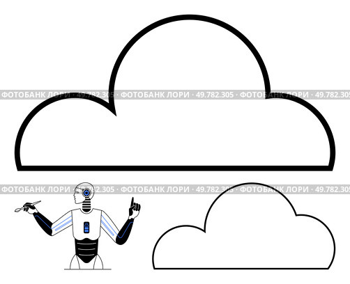 Robot gesturing beneath large and small cloud outlines. Ideal for cloud computing, AI, innovation, technology integration, digital workflow, futuristic concepts, presentations. Line metaphor. Future Robot Presenting Ideas Under Cloud Symbols, Emphasizing Innovation and Technology. Стоковая иллюстрация, агентство Ingram Publishing / Фотобанк Лори