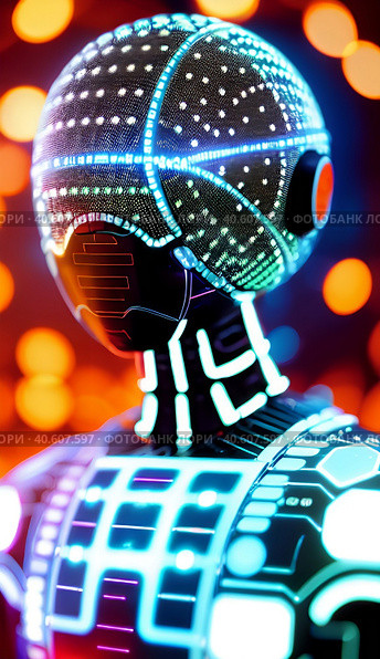 Робот гуманоид с техно-неоновой подсветкой, крупный план. Стоковое AI-изображение, AI-художник Светлана Кучинская / Фотобанк Лори