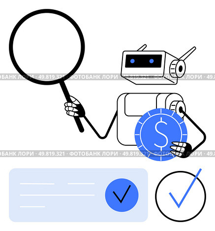 Robot holding magnifying glass and dollar coin, surrounded by check marks and a document. Ideal for financial analysis, automation, technology, efficiency, cybersecurity, data scrutiny, and AI. Robot Analyzing Financial Data with Magnifying Glass and Dollar Coin Symbols. Стоковая иллюстрация, агентство Ingram Publishing / Фотобанк Лори