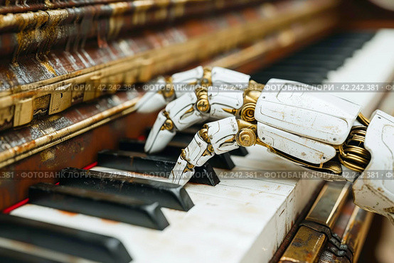 Robot pianist for work. Стоковое AI-изображение, AI-художник Margarita Davchenko / Фотобанк Лори