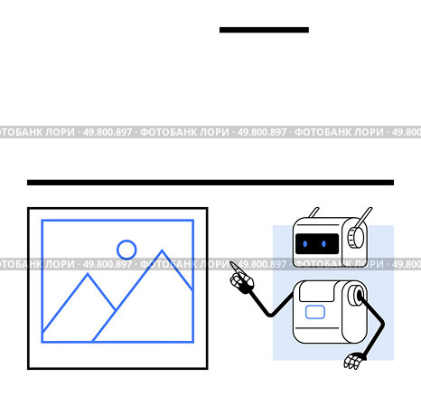 Robot pointing at framed art depicting mountains and a sun. Ideal for technology, education, art, communication, presentations, innovation, creativity. Line metaphor. Robot Pointing at Framed Art with Mountains and Sun in Minimalist Black and Blue Style. Стоковая иллюстрация, агентство Ingram Publishing / Фотобанк Лори