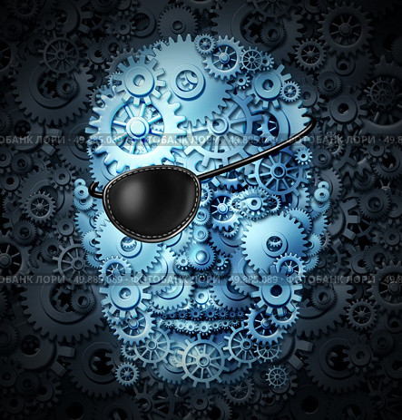 Robot revolution technology concept as a mechanical human as a bionic person with artificial intelligence or AI computing ability wearing a pirate eyepatch or eye patch as a symbol for the danger and risk of future advanced technologies. Стоковое фото, агентство Ingram Publishing / Фотобанк Лори