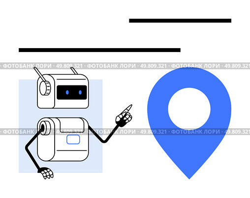 Robot with antennas and arms pointing at a significant blue map location pin, accompanied by black lines. Ideal for technology, navigation, guidance, AI, digital maps, automation, wayfinding. Line. Robot Pointing at Map Location Marker with Blue Pin and Black Lines. Стоковая иллюстрация, агентство Ingram Publishing / Фотобанк Лори