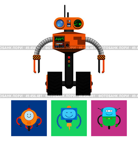 Robot with radar and wheels, machine with emotions and smiles, droids collection, science development vector illustration isolated on white background. Robot with Radar and Wheels Vector Illustration. Стоковая иллюстрация, агентство Ingram Publishing / Фотобанк Лори