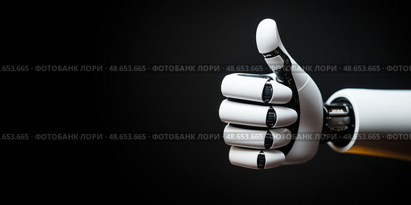 Роботизированная рука с жестом одобрения на чёрном фоне. Стоковое AI-изображение, AI-художник Александр Жуков / Фотобанк Лори