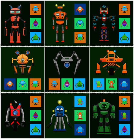 Robots creatures with intellect robots and wheels, screens and radars, different shapes of mechanisms vector illustration isolated on green background. Robots Creatures Intellect Vector Illustration. Стоковая иллюстрация, агентство Ingram Publishing / Фотобанк Лори