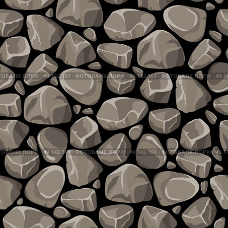 Rock Stone Seamless Pattern. Rock and stone seamless pattern with gray smooth cobbles on black background flat vector illustration   . Стоковая иллюстрация, агентство Ingram Publishing / Фотобанк Лори