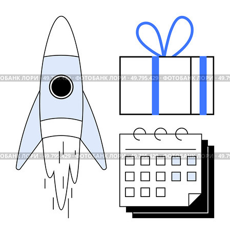 Rocket launching next to a gift box and calendar with three icons depicting progress and achievement. Ideal for project planning, goal setting, celebrations, time management, productivity strategies. Rocket Launch, Gift Box, and Calendar - Representing Goals and Milestones. Стоковая иллюстрация, агентство Ingram Publishing / Фотобанк Лори