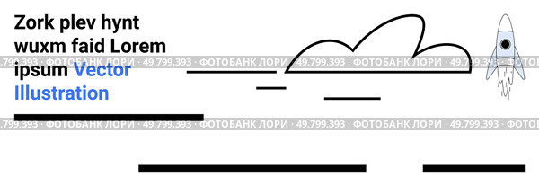 Rocket launching with trailing smoke, cloud, black lines of various lengths, and placeholder text Ideal for websites, presentations, educational materials, advertising, blogs, social media. Stylized Rocket Launch with Cloud and Placeholder Text Elements. Стоковая иллюстрация, агентство Ingram Publishing / Фотобанк Лори