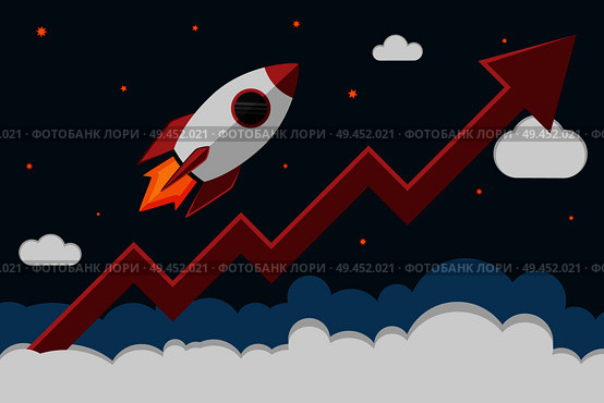 Rocket ship take off in cosmos and a red graph increase. Business launch and development, the growth of the economy, new project investments up. Стоковая иллюстрация, агентство Ingram Publishing / Фотобанк Лори