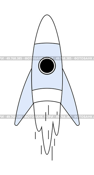 Rocket ship with pale blue and white color scheme, taking off with exhaust smoke depicted underneath. Simplified, iconic style. Ideal for space exploration, innovation, technology, adventure, startups. Blue and White Rocket Ship Taking Off with Exhaust Smoke. Стоковая иллюстрация, агентство Ingram Publishing / Фотобанк Лори