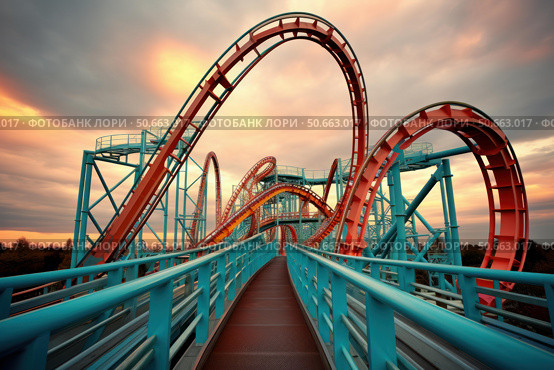 Rollercoaster tracks rising into the sunset sky at amusement park. Стоковое AI-изображение, AI-художник Иван Рябоконь / Фотобанк Лори