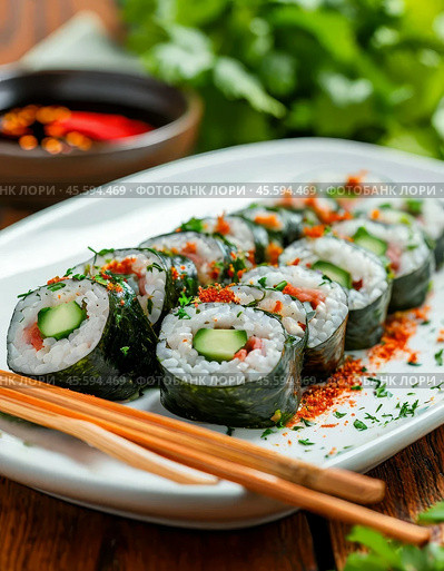 Rolls with salted mackerel and fresh cucumber. May 22 is International Sushi and Roll Day. Enjoy your meal! Стоковое AI-изображение, AI-художник Сергей Елизарьев / Фотобанк Лори