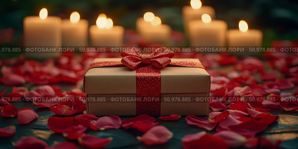 Romantic Gift: A Present Surrounded by Rose Petals and Candles. Стоковое AI-изображение, AI-художник Данила Большаков / Фотобанк Лори