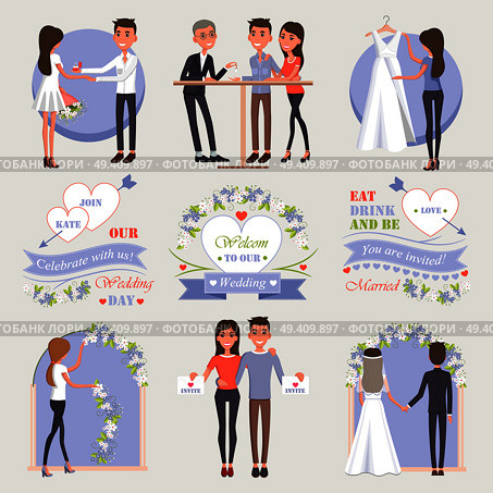 Romantic proposal, rings choice, white gown try-on, room decoration, invitation sending and marriage ceremony vector illustrations set.. Welcome to Our Wedding Isolated Illustrations Set. Стоковая иллюстрация, агентство Ingram Publishing / Фотобанк Лори