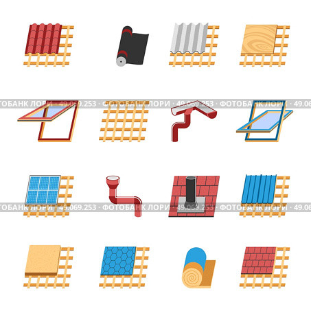 Roof Construction Elements Flat Icons Set. Roof construction with various mounting structures and insulation layers flat icons collection abstract isolated vector illustration. Стоковая иллюстрация, агентство Ingram Publishing / Фотобанк Лори