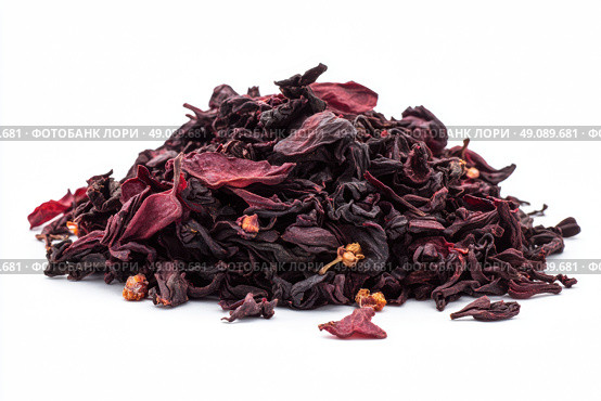 Roselle or Hibiscus tea pile isolated on a white background. Dry karkade flowers petals heap of dried herbal tea. Indian spices. Mockup of aromatic Fruit Red Tea, Dried Herbal Beverage. Carcade. Стоковое AI-изображение, AI-художник Марина Демидюк / Фотобанк Лори