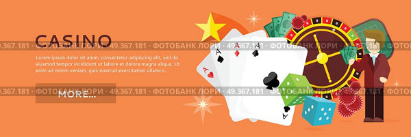 Roulette Wheel, Coin Dice Money Chip Star Isolated. Casino poster with roulette wheel, coins dice money chips craps stars isolated on red. Gambling luck, fortune and bet, risk and leisure, jackpot chance. Casino banner. Vector illustration. Стоковая иллюстрация, агентство Ingram Publishing / Фотобанк Лори