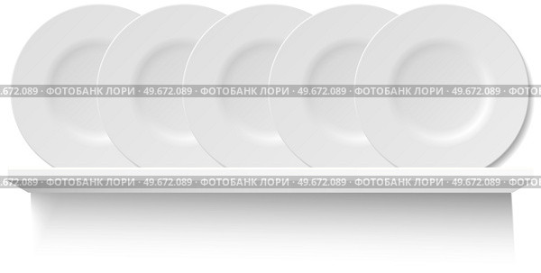 Round white plates on wooden shelf for utensil. Kitchen stuff for cooking and serving food, breakfast, lunch and dinner. Vector illustration in flat style, shelving concept on white background. Round white plates on wooden shelf for utensil. Kitchen stuff for cooking and serving food. Стоковая иллюстрация, агентство Ingram Publishing / Фотобанк Лори