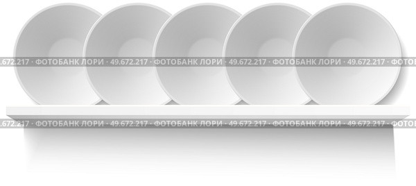 Round white plates on wooden shelf for utensil. Kitchen stuff for cooking and serving food, breakfast, lunch and dinner. Vector illustration in flat style, shelving concept on white background. Round white plates on wooden shelf for utensil. Kitchen stuff for cooking and serving food. Стоковая иллюстрация, агентство Ingram Publishing / Фотобанк Лори