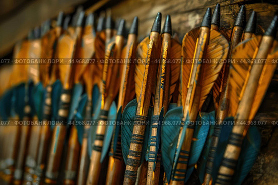 Row of traditional wooden arrows with blue fletching and metal tips. Стоковое AI-изображение, AI-художник Иван Рябоконь / Фотобанк Лори