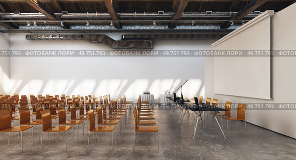 Rows of symmetrical yellow chairs are neatly arranged in a rectangular hall inside a building. 3d render. Symmetrical rows of yellow chairs in a hall, ready for an event. Стоковое фото, агентство Ingram Publishing / Фотобанк Лори