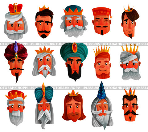 Royal characters cartoon set with faces of european and asian kings, princes, wise men isolated vector illustration. Royal Characters Cartoon Set. Стоковая иллюстрация, агентство Ingram Publishing / Фотобанк Лори