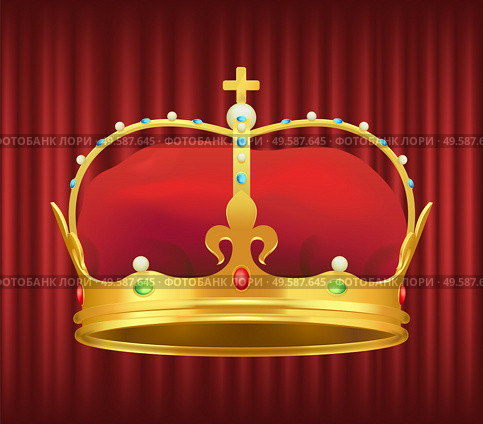 Royal crown decorated with colorful gemstones and red velvet fabric. Shiny headdress of monarch. King and queen jewelry. Coronation ceremony accessory. Royal Gold Crown with Gemstones and Red Velvet. Стоковая иллюстрация, агентство Ingram Publishing / Фотобанк Лори