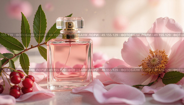 Розовый флакон духов в пастельных тонах с цветами и ягодами / Pink perfume bottle in pastel colors with flowers and berries. Стоковое AI-изображение, AI-художник Валерий Лукин / Фотобанк Лори