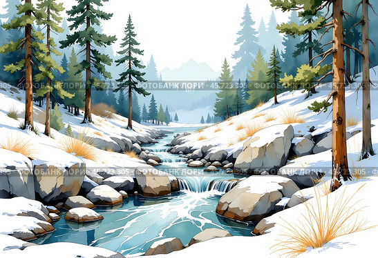 Ручей в лесу. Акварель. Иллюстрация. Stream in the forest. Watercolor. Illustration. Стоковое AI-изображение, AI-художник Гер Олег / Фотобанк Лори