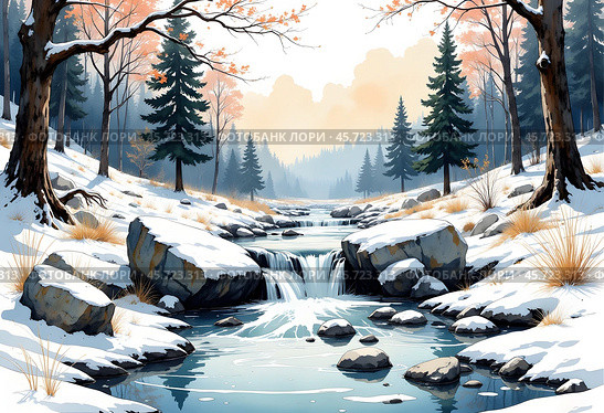 Ручей в лесу. Акварель. Иллюстрация. Stream in the forest. Watercolor. Illustration. Стоковое AI-изображение, AI-художник Гер Олег / Фотобанк Лори
