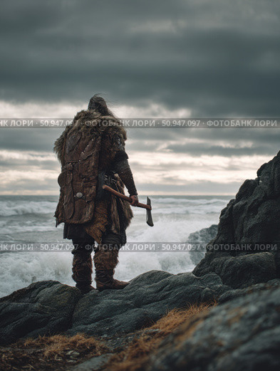 Rugged Viking warrior in fur and leather stands by crashing sea waves. Moody Nordic scene evokes strength, history, tradition, and ancient Norse legend. Стоковое AI-изображение, AI-художник Александра Троицкая / Фотобанк Лори
