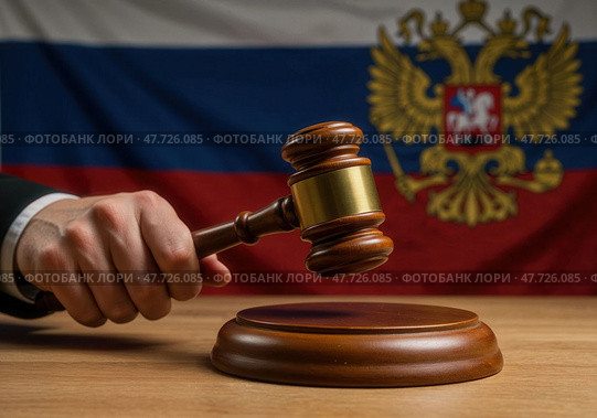 Рука с молотком и судебное разбирательство с символикой права и правосудия в России. Стоковое AI-изображение, AI-художник Сергей Никифоров-Гордеев / Фотобанк Лори