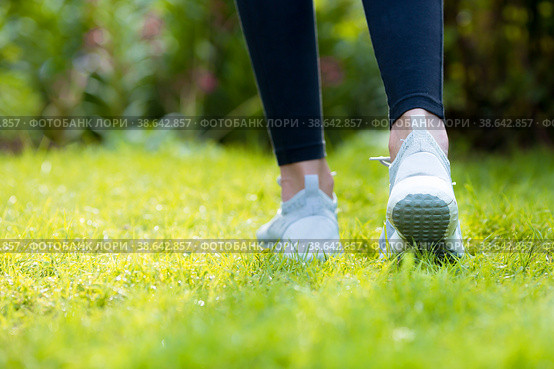Runner legs running on a green lawn closeup on shoes. Fitness woman sunrise jogging workout welness concept. Стоковое фото, фотограф Photojuli / Фотобанк Лори