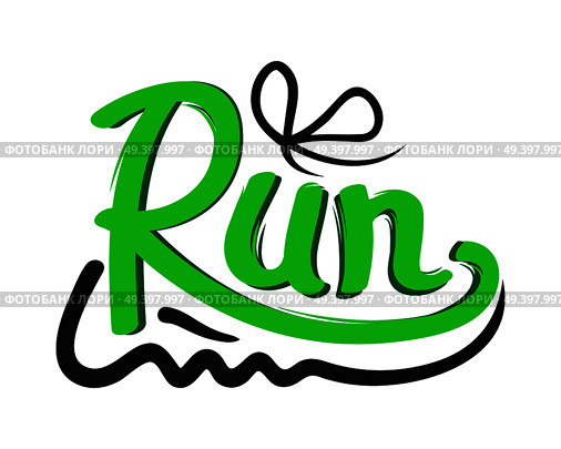 Running green shoe trainers symbol on white background. Running is useful for your health, keeps fit. Vector illustration logotype provokes to move rapidly on feet. Logo in flat style design. Running Shoe Symbol on White Background. Trainers. Стоковая иллюстрация, агентство Ingram Publishing / Фотобанк Лори