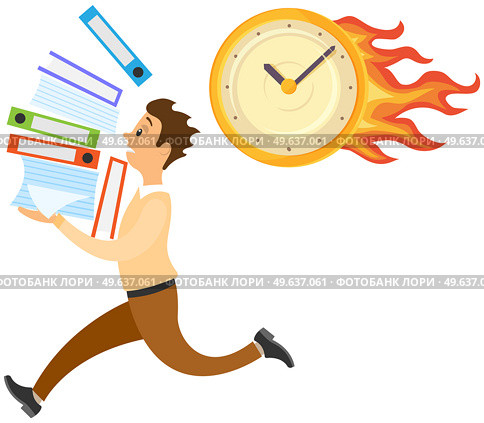 Running male character with documents isolated on white background. Late on job, time management, overwork and deadline. Employee in hurry with folders is doing paperwork to finish task on time. Employee in hurry with folders is doing paperwork to finish task on time and deal with deadlines. Стоковая иллюстрация, агентство Ingram Publishing / Фотобанк Лори