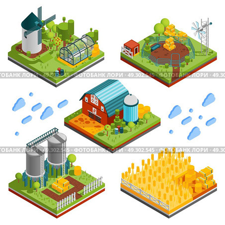 Rural Farm Landscape Elements. Farm rural buildings isometric compositions set with square segments of ranch reservation with plantations mills reservoirs vector illustration. Стоковая иллюстрация, агентство Ingram Publishing / Фотобанк Лори