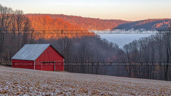 Rural Morning Serenity: Red Barn in a Field with Mist Embracing the Forest at Sunrise. Стоковое AI-изображение, AI-художник Данила Большаков / Фотобанк Лори