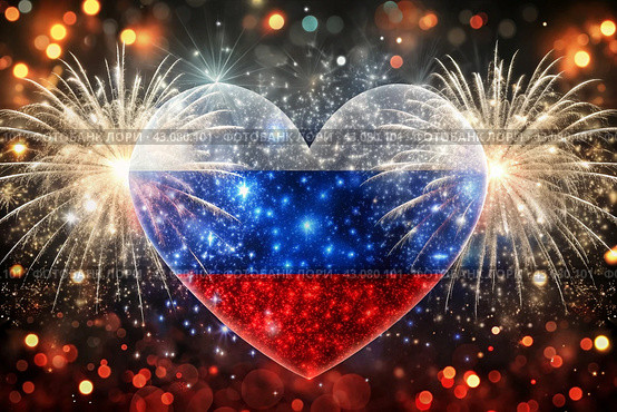 Russia. Moscow. The national flag of the Russian Federation on the background of fireworks. The Russian tricolor. Russia Day is celebrated on June 12. Стоковое AI-изображение, AI-художник Photojuli / Фотобанк Лори