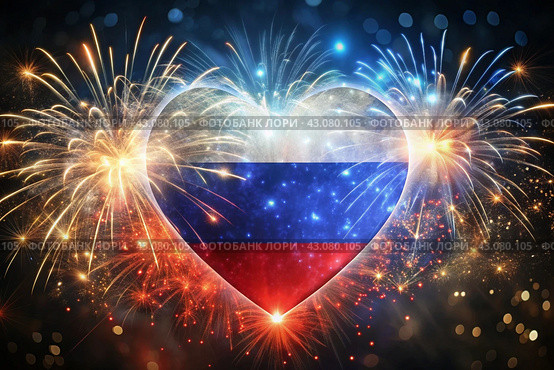 Russia. Moscow. The national flag of the Russian Federation on the background of fireworks. The Russian tricolor. Russia Day is celebrated on June 12. Стоковое AI-изображение, AI-художник Photojuli / Фотобанк Лори