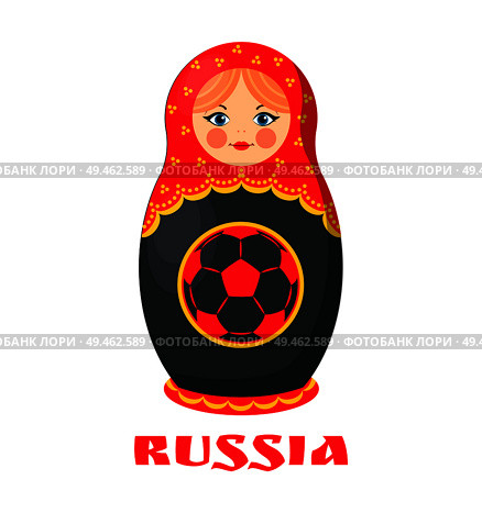Russia poster with Russian doll with headline and ball drawn on it. Traditional folklore element of Eastern country, isolated on vector illustration. Russia Poster Russian Doll Vector Illustration. Стоковая иллюстрация, агентство Ingram Publishing / Фотобанк Лори